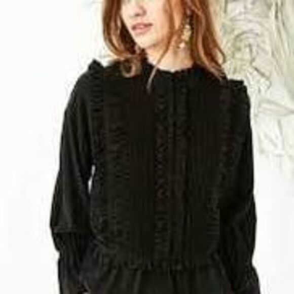 ULLA JOHNSON Najda Silk Blouse Pintuck Ruffle Pleated Bell Sleeve Top Raven 2 - Picture 1 of 9
